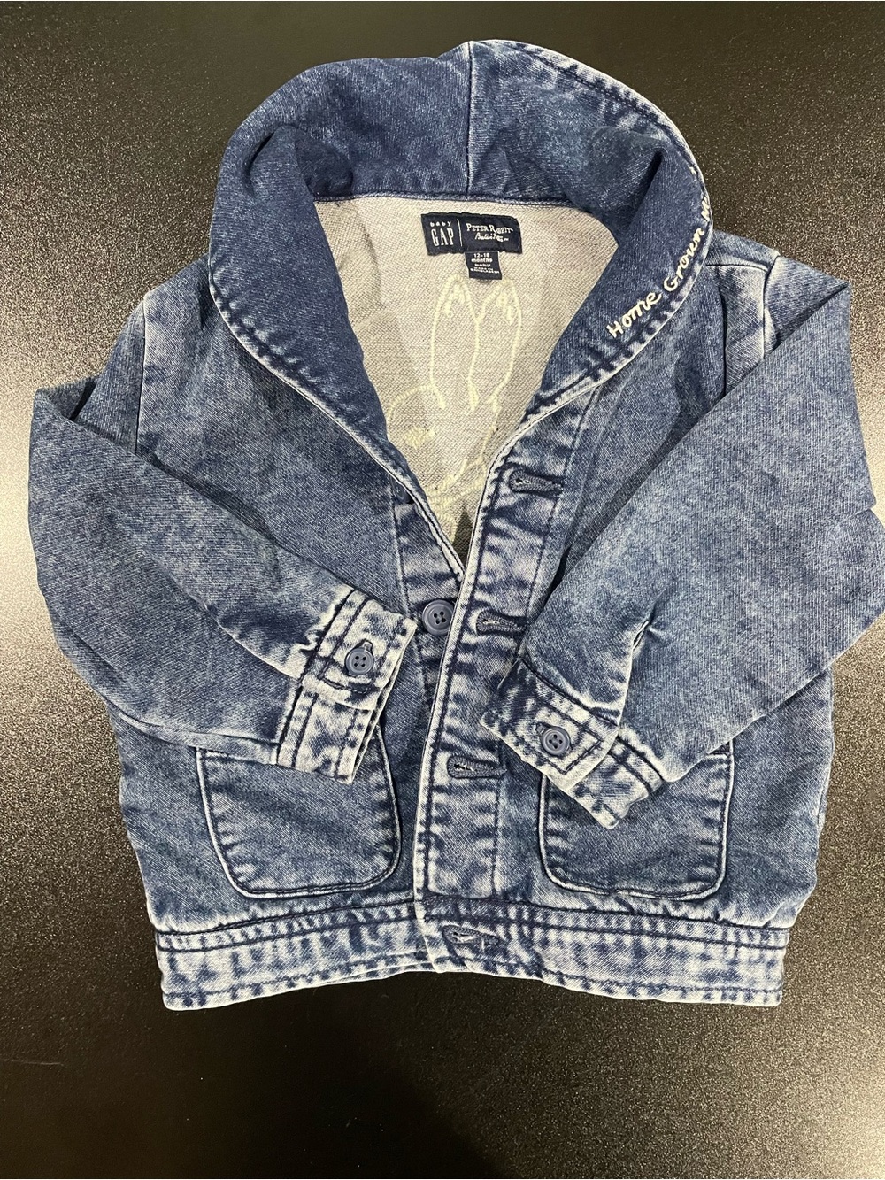 babyGAP Faded Jean Jacket w/ embroidered Peter Rabbit on back fits 12-18 mo. 🐰